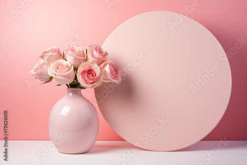 A vase of roses set against a circular backdrop on a pink backdrop studio background