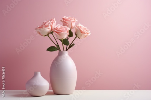 Pink rose bouquets in varying-sized vases on a pink studio backdrop background