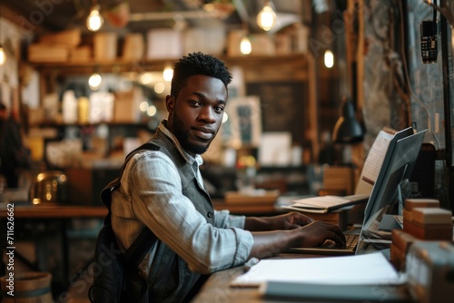 A young black male business owner runs a successful online and brick-and-mortar business.