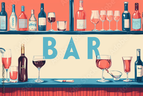 Illustration of various alcoholic drinks and bottles on shelves with a bar sign