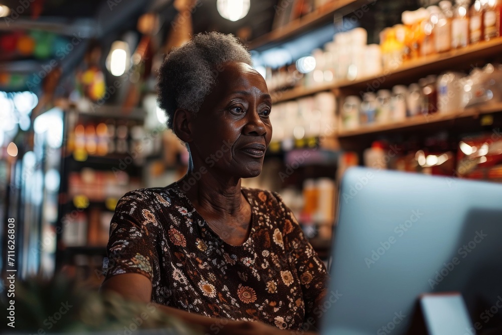 A Black senior female business owner runs a successful online and brick-and-mortar business. A Black senior female business owner runs a successful online and brick-and-mortar business.