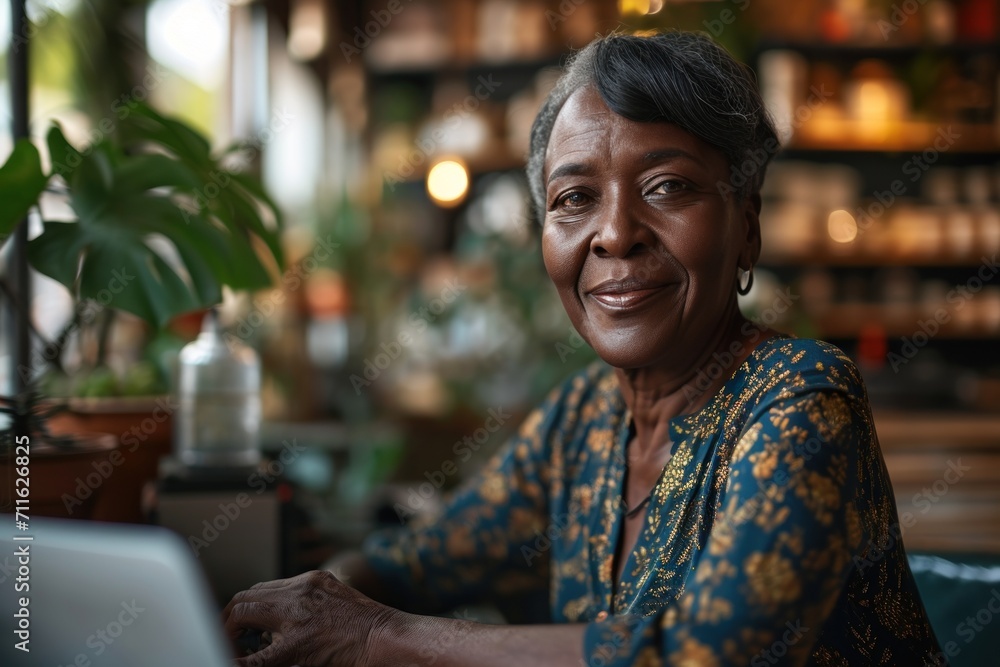 A Black senior female business owner runs a successful online and brick-and-mortar business. A Black senior female business owner runs a successful online and brick-and-mortar business.