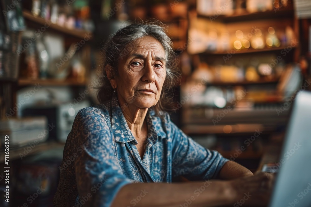 A senior female business owner with gray hair who runs a successful small store and online business A senior female business owner with gray hair who runs a successful small store and online business