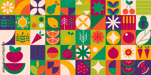 Geometric modern background. Abstract vegetables fruits minimalist style. Seamless pattern Bauhaus