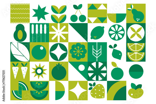 Geometric modern monochrome silhouette background.  Abstract vegetables fruits. Seamless pattern Bauhaus