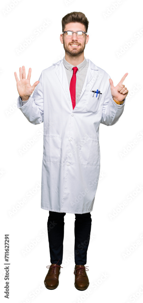 Young handsome scientist man wearing glasses showing and pointing up with fingers number seven while smiling confident and happy. Young handsome scientist man wearing glasses showing and pointing up with fingers number seven while smiling confident and happy.