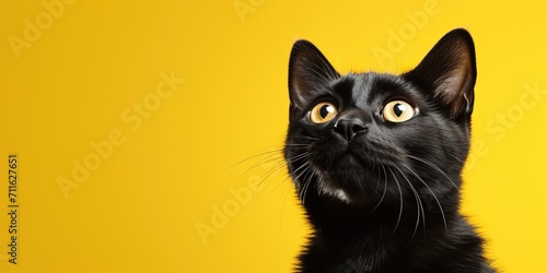 Cute banner with a cat looking up on solid yellow background © DMM