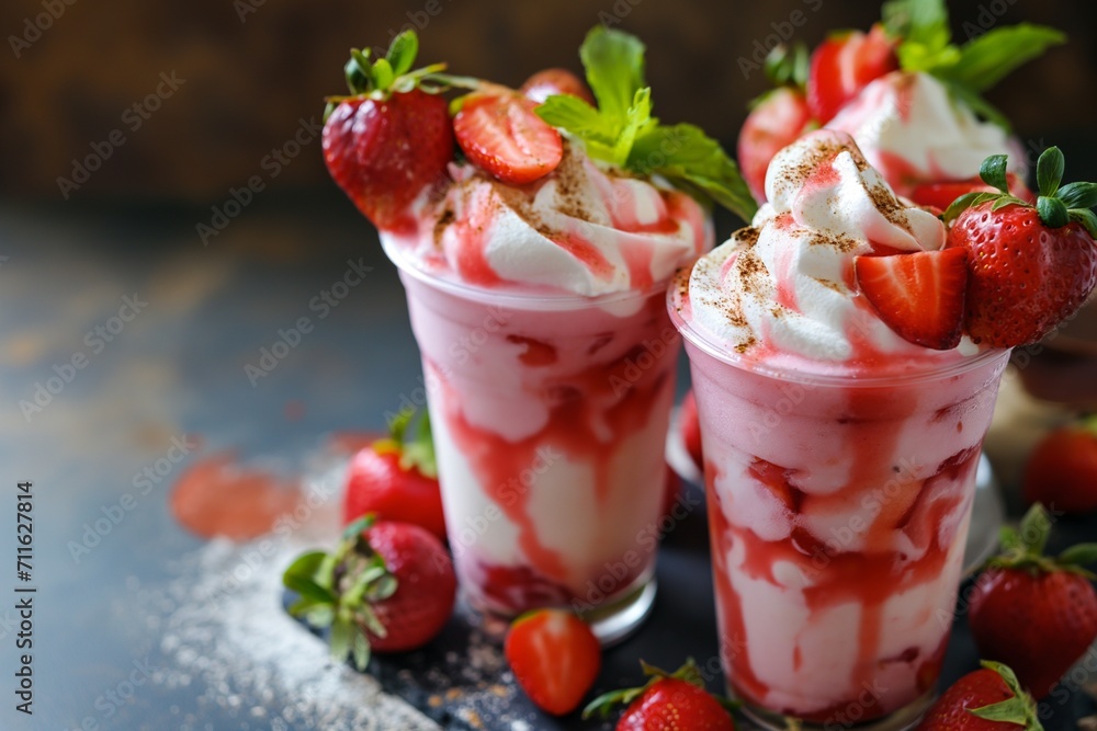 Relax in a cafe. Strawberry smoothie parfait shake juice. generative ai Relax in a cafe. Strawberry smoothie parfait shake juice. generative ai