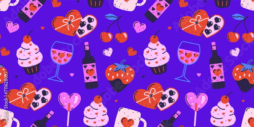 Colorful romantic vector design of wine, strawberry, cherry, cake, candies on blue background. Love and sweets. Valentine's Day. Grungy hand drawn style. Banner, header, cover