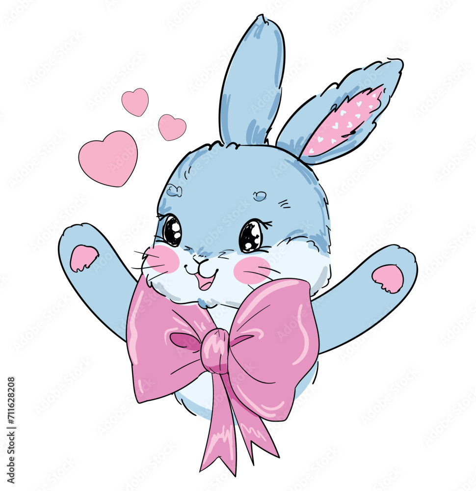 Hand Drawn Vector Rabbit, Cute Bunny, Rabbit with bow cute illustration. Print for children's t-shirts. Hand Drawn Vector Rabbit, Cute Bunny, Rabbit with bow cute illustration. Print for children's t-shirts.