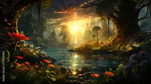 beautiful fantasy forest with river and sun, illustration concept World wild life day