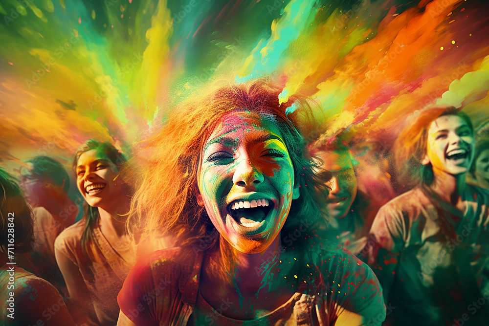 Group of cheerful friends having fun in colorful powder dust explosion at happy holi festival party