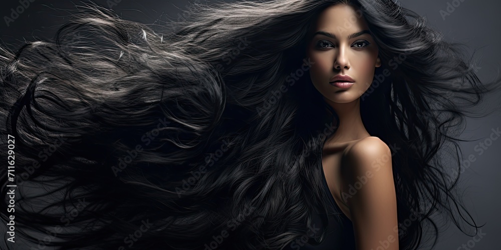 Stunning young woman with long healthy black hair. Beautiful wavy shiny hair. Hair salon banner