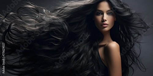 Stunning young woman with long healthy black hair. Beautiful wavy shiny hair. Hair salon banner photo