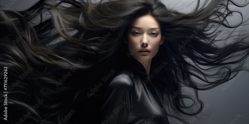 Stunning young woman with long healthy black hair. Beautiful wavy shiny hair. Hair salon banner Stunning young woman with long healthy black hair. Beautiful wavy shiny hair. Hair salon banner
