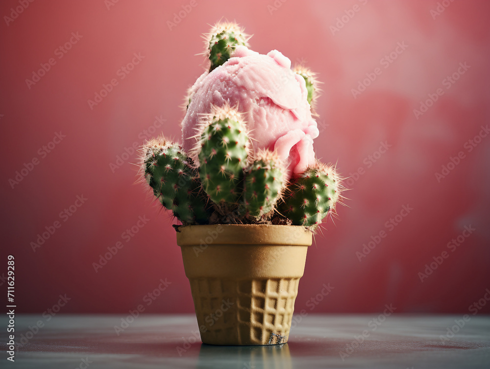 strawberry ice cream with cactus