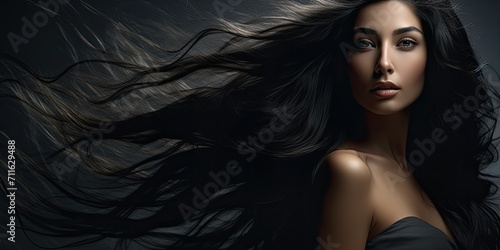 Stunning young woman with long healthy black hair. Beautiful wavy shiny hair. Hair salon banner photo