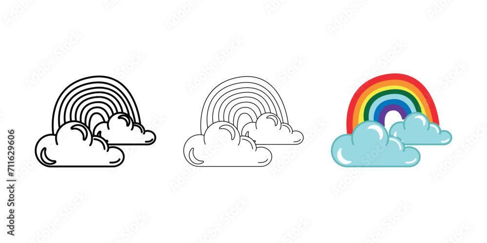 Fototapeta premium Clouds with rainbow Weather Icon vector image on white background. Three icons thick, thin, colored outline. Can be used for mobile apps, web apps and print media