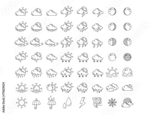 56 Weather icons. Weather forecast icon set. Clouds logo. Weather  clouds  sunny day  moon  snowflakes  wind  sunny day. Vector illustration. Colored icons.