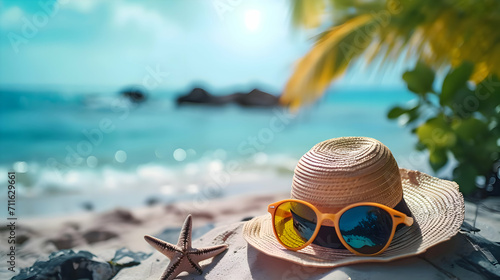 Vacation photo with blue ocean. Cinematic photo of a hat and sunglasses on the sand beach. High-resolution © fillmana