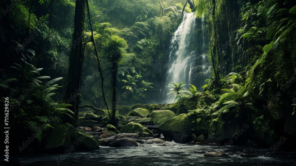  A breathtaking waterfall in a lush rainforest, providing a serene area for text overlay amidst the cascading water and verdant foliage- Generative AI