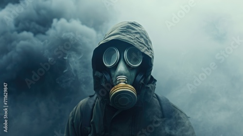 Man wear gas mask. Dangerous toxic radiation. Air pollution concept. Apocalypse world. Person in protective respirator. Nuclear war. Radioactive smog. Nature chemical contamination. Stalker survivor. photo
