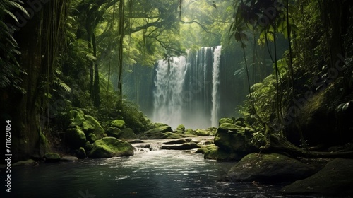  A breathtaking waterfall in a lush rainforest, providing a serene area for text overlay amidst the cascading water and verdant foliage- Generative AI