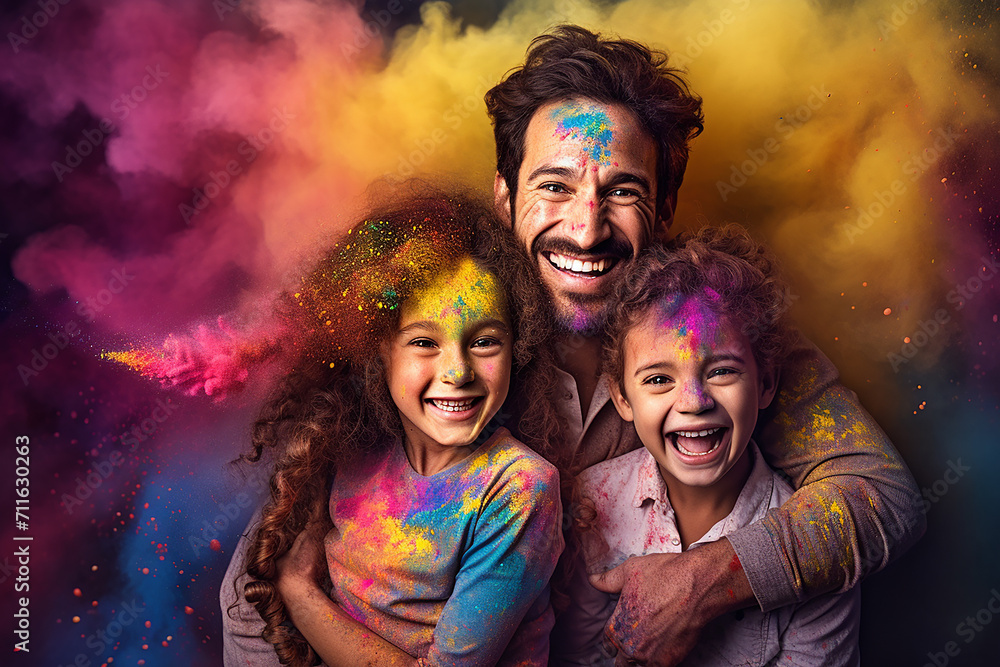 Happy family having fun in colorful powder dust explosion at happy holi festival party