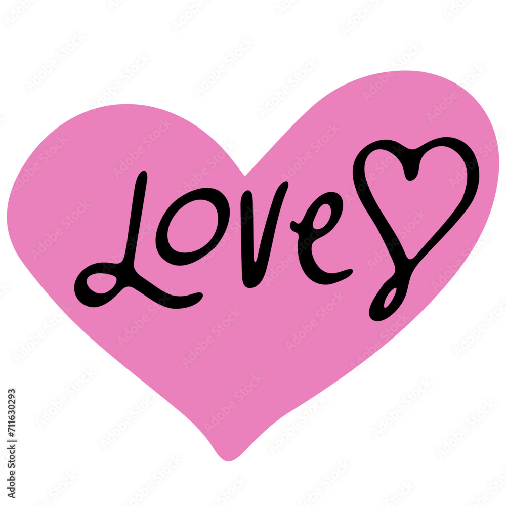 Love word hand drawn lettering with pink heart. Calligraphy script love text. Design for print on shirt, poster, banner, sticker