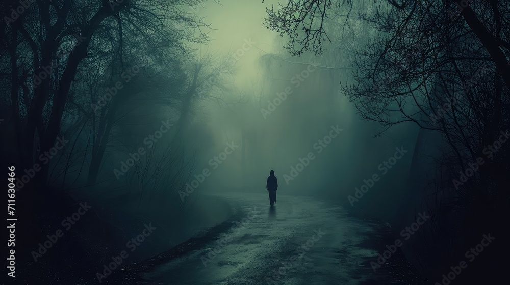 Fototapeta premium Ghost on the scary road in the paranormal world. Horrible dream. Strange forest in a fog. Mystical atmosphere. Dark wood. Mysterious road. Gothic witch.