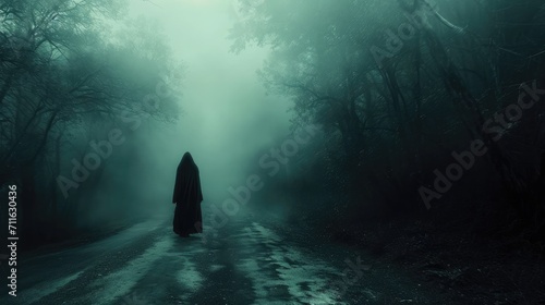 Ghost on the scary road in the paranormal world. Horrible dream. Strange forest in a fog. Mystical atmosphere. Dark wood. Mysterious road. Gothic witch.