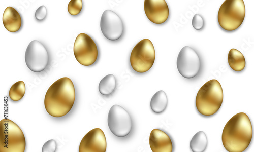 Vector Illustration of white and golden eggs scattered on a white background. White and gold eggs. Easter illustration for you design. Vector EPS 10