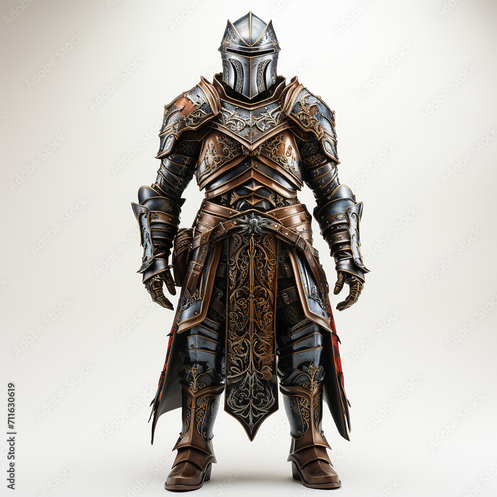 A knight dressed in steel armor isolated on white background.Front view.Copy and text space A knight dressed in steel armor isolated on white background.Front view.Copy and text space