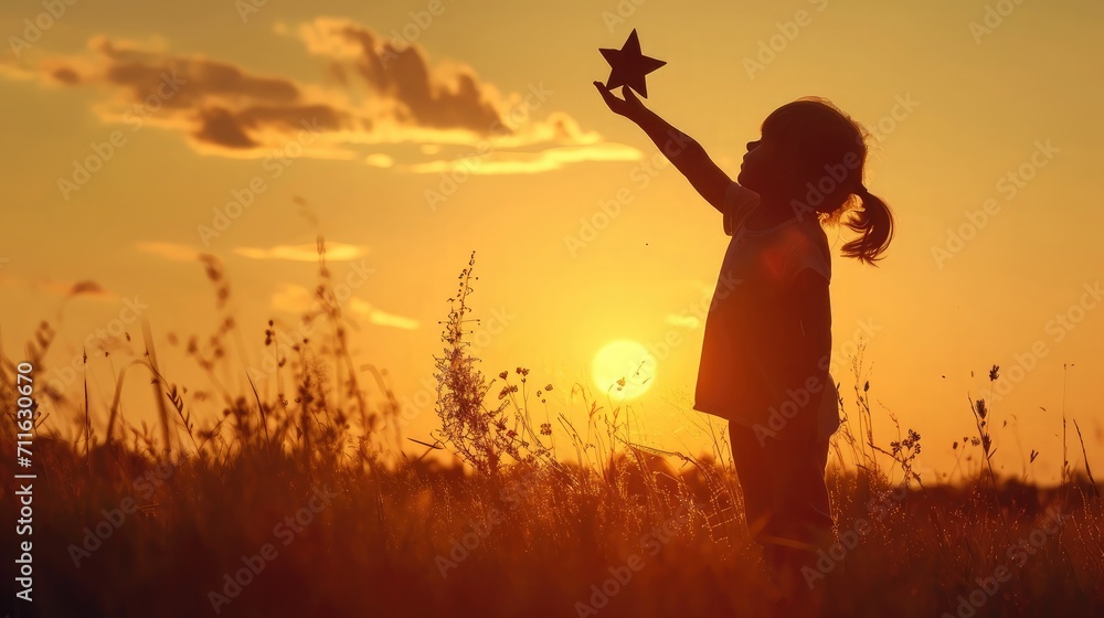 silhouette of a little child reaching out to grab stars, Expresses the ambition, The joy of a small child with dreams. Kid having fun at sunset. Summer vacation and travel concept.