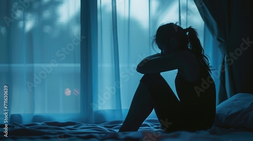 Silhouette of a woman sitting on bed feeling sleepless, suffering from emotional stress photo