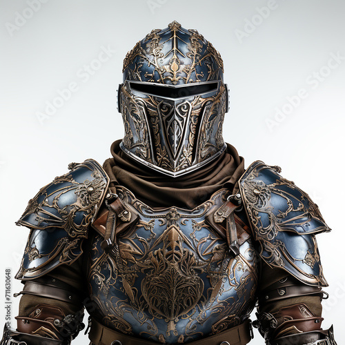 A knight dressed in steel armor isolated on white background.Front view.Copy and text space