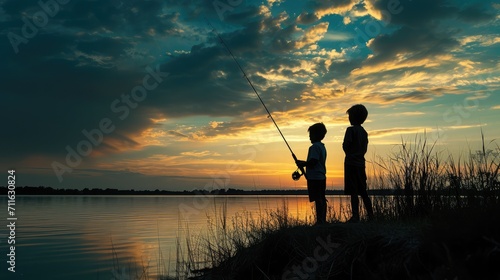 Two boys are fishing, silhouette.