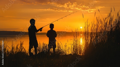Two boys are fishing, silhouette.