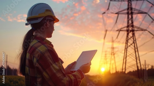 Woman engineer, power engineer in helmet checks power line using computer tablet online. Electrician in outdoors. Electric lines of high voltage at sunset. Distribution and supply of electricity