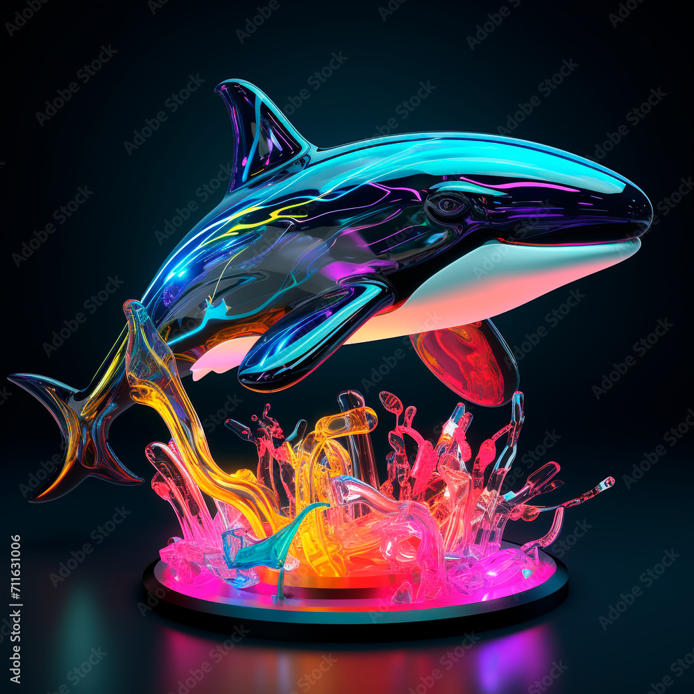 Toy arte de baleia orca, saindo do agua, simulação da agua feia em tons neons. 3D concept design illustration.