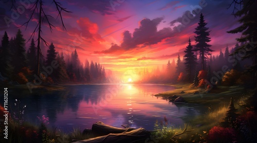 sunset on the lake. Generative AI