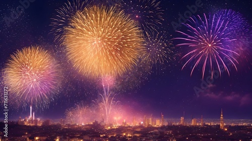 Colorful fireworks and celebration cityscape at night for happy new year and merry christmas