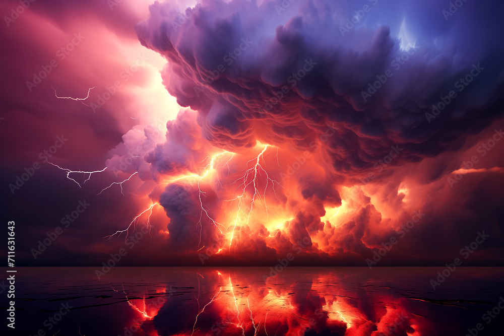 dramatic and powerful tornado. Lightning thunderstorm flash over the night sky. Concept on topic weather, cataclysms (hurricane, Typhoon, tornado, storm). Stormy Landscape - obrazy, fototapety, plakaty 