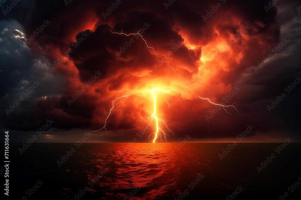 Obraz premium dramatic and powerful tornado. Lightning thunderstorm flash over the night sky. Concept on topic weather, cataclysms (hurricane, Typhoon, tornado, storm). Stormy Landscape