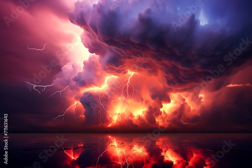 dramatic and powerful tornado. Lightning thunderstorm flash over the night sky. Concept on topic weather, cataclysms (hurricane, Typhoon, tornado, storm). Stormy Landscape photo
