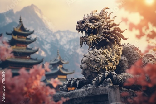 the dragon statue standing in front of the building in China photo
