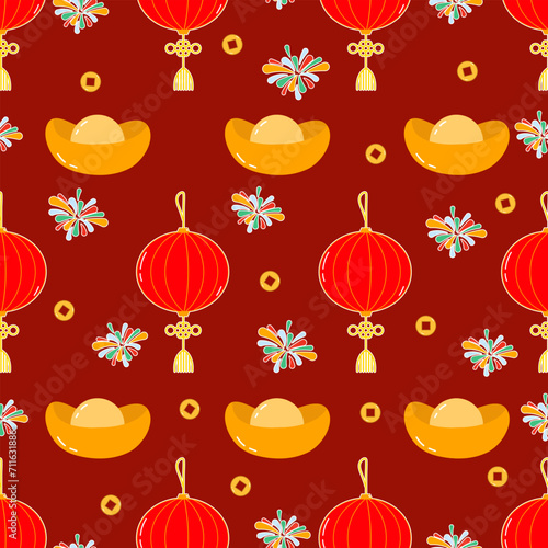 Vector illustration. Seamless chinese new year pattern with hand drawn celebration background elements such as , cloud, fireworks.