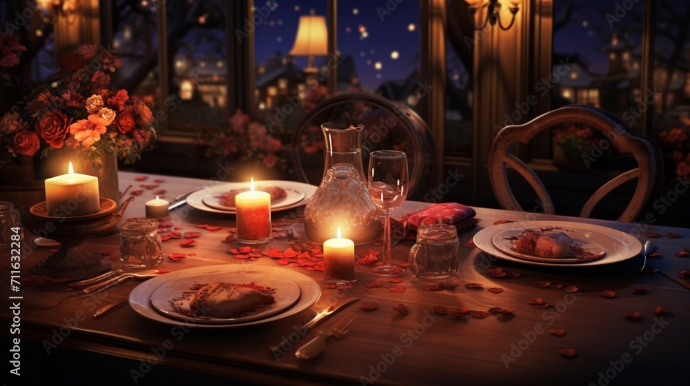 A candlelit dinner table with heart-shaped dishes and floral arrangements, providing an unoccupied area for text overlay amidst the romantic setting - Generative AI