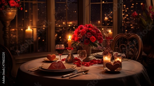 A candlelit dinner table with heart-shaped dishes and floral arrangements, providing an unoccupied area for text overlay amidst the romantic setting - Generative AI