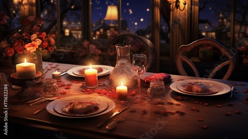 A candlelit dinner table with heart-shaped dishes and floral arrangements  providing an unoccupied area for text overlay amidst the romantic setting - Generative AI